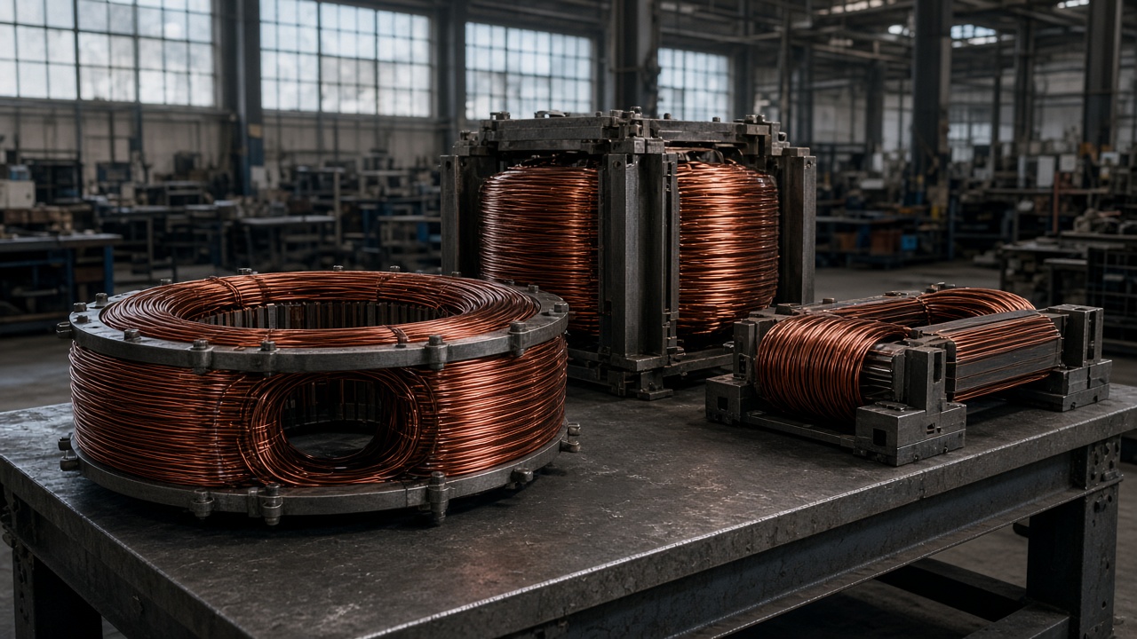 Copper coils on a steel bench in a workshop
