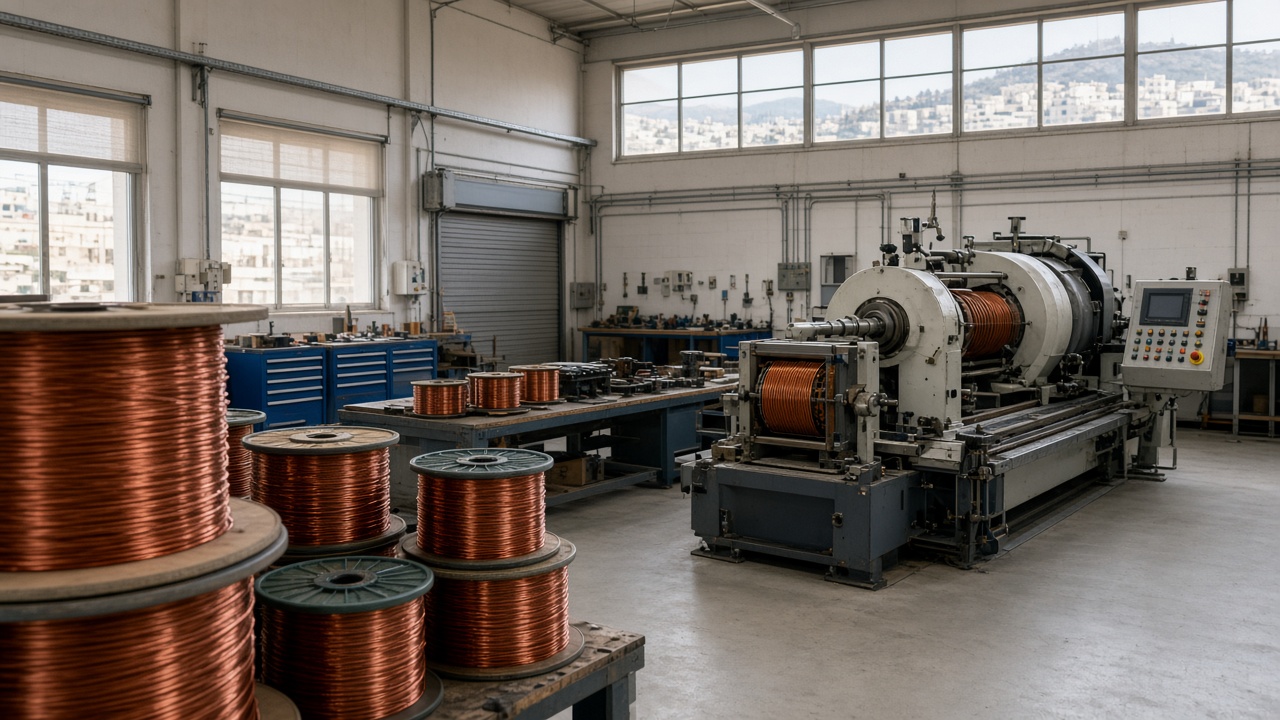 Copper wire spools beside a rewind machine