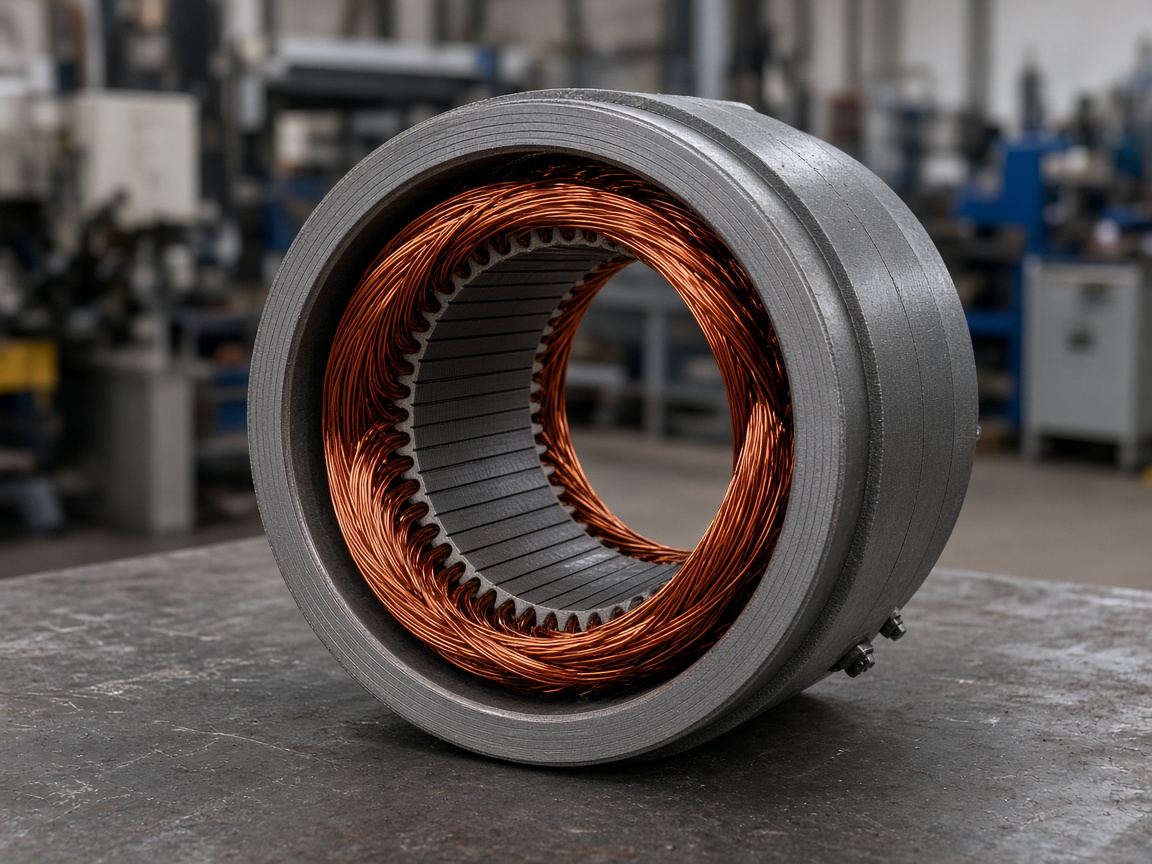 Motor stator with copper windings on a bench